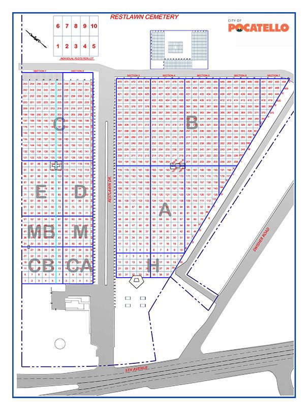 Map of Restlawn Memorial Gardens Cemetery in Pocatello, Idaho