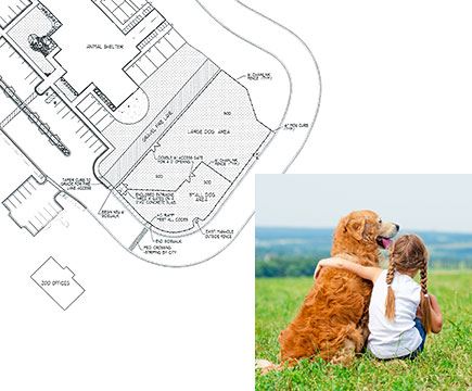 An overhead drawing of Katie's Dog Park paired with a photograph of a girl with her arm around a 