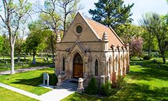 An aerial view of Brady Chapel located in Mountain View Cemetery in Pocatello, Idaho