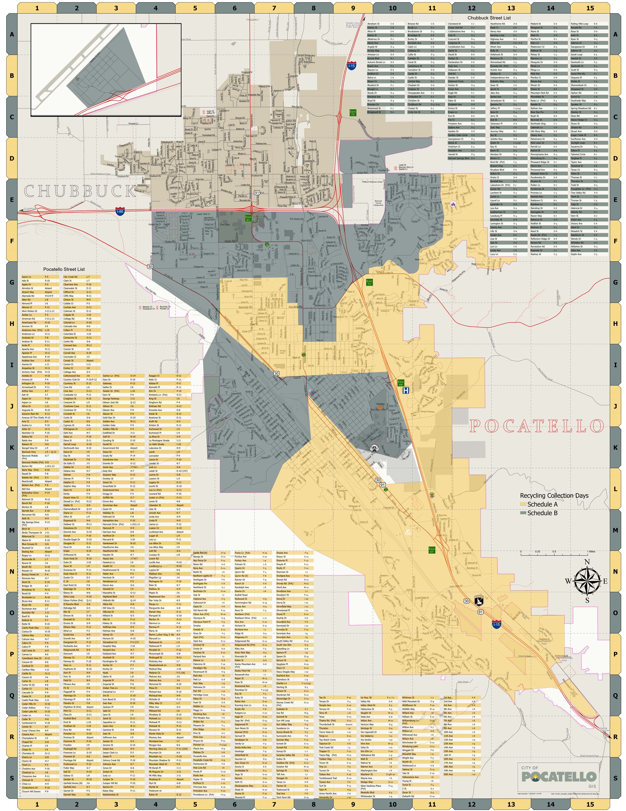 A map depicting the five-day residential recycling collection schedule for Pocatello